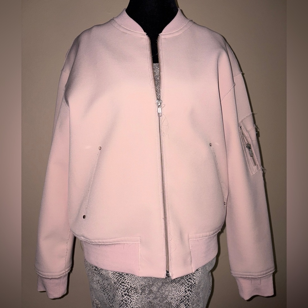 Pink Faux Leather Bomber Jacket with Distress by Outline